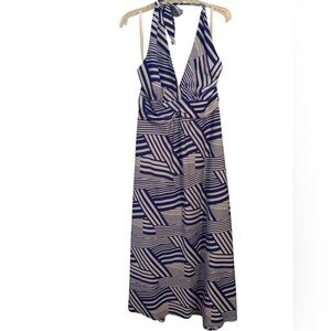MSK Maxi Halter Dress, size XL , blue and white abstract print , EUC
